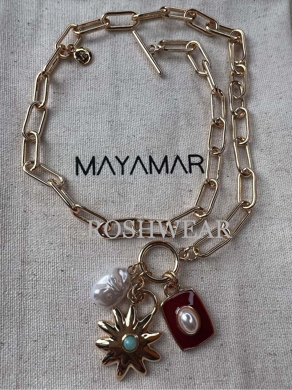 Gold-Tone Charm Pendant Necklace with Red and Pearl Accents NWOT - Picture 4 of 7